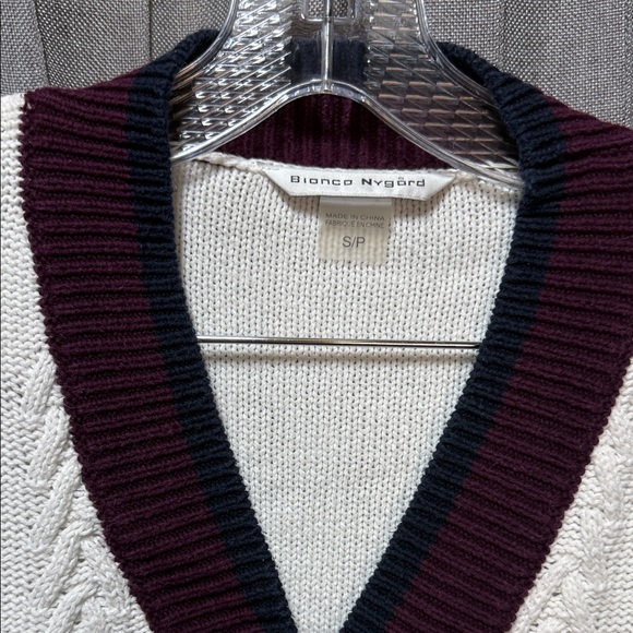 Elegant Cable Knit Cardigan - Cream with Burgundy and Navy Trim - Picture 3 of 6